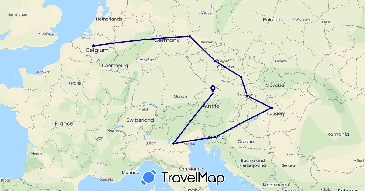 TravelMap itinerary: driving in Austria, Belgium, Czech Republic, Germany, Hungary, Italy, Slovenia, Slovakia (Europe)